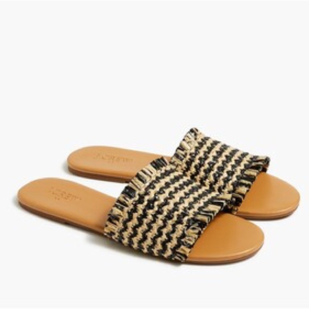 J. Crew Tan Leather Slide Sandals with Black and Natural Woven Strap